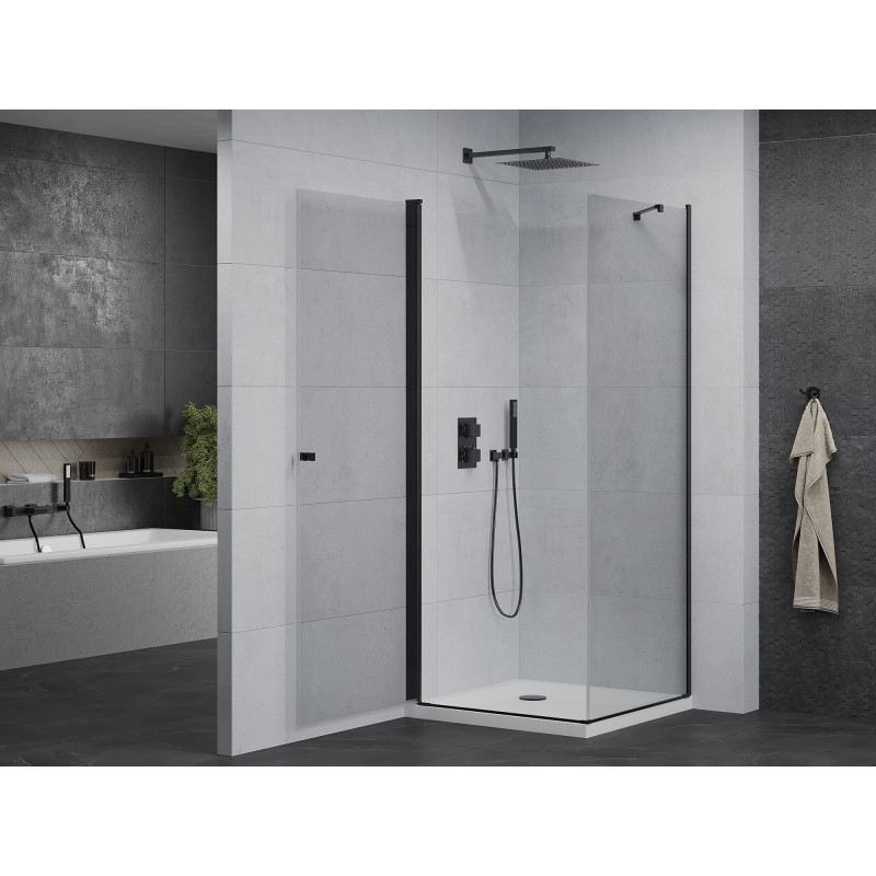 Mexen Pretoria Duschkabine schwenkbar 90 x 90 cm, transparent, schwarz + Duschwanne Flat - 852-090-090-70-00-4010B