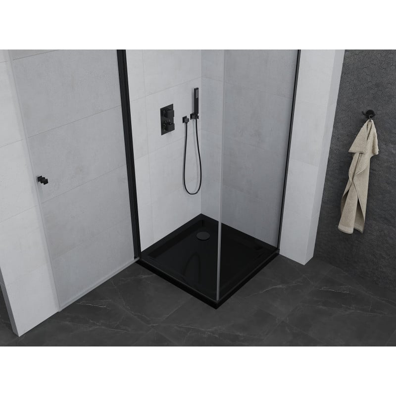Mexen Pretoria Duschkabine schwenkbar 70 x 70 cm, transparent, schwarz + Duschwanne Flat, schwarz - 852-070-070-70-00-4070B