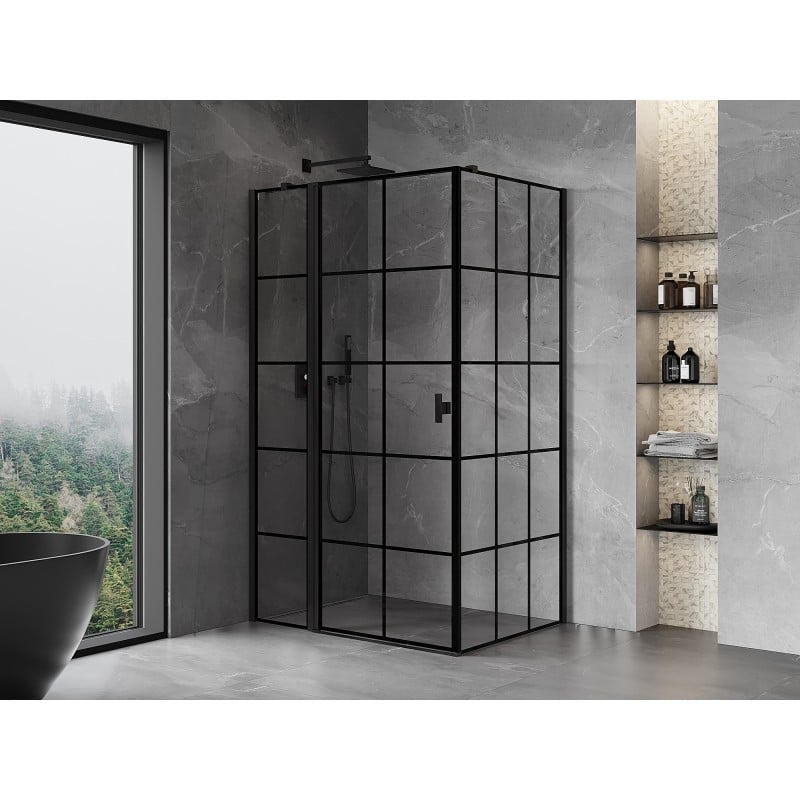 Mexen Mist T Duschtür links angeschlagen 110 x 80 cm, schwarzes Gitter, schwarz - 8A4T-110-080-70-77-L