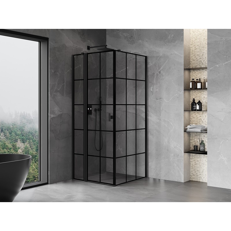 Mexen Mist T Duschkabine, links öffnend, 100 x 100 cm, schwarzes Gitter, schwarz - 8A4T-100-100-70-77-L