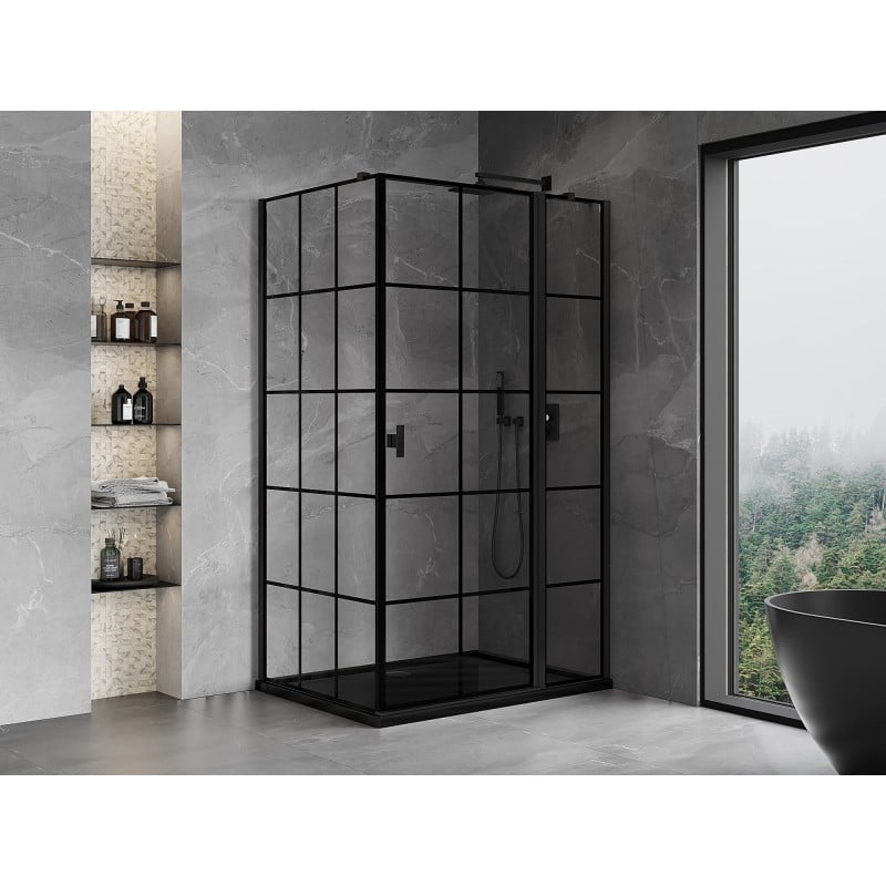 Mexen Mist T Duschkabine, rechts öffnend, 95 x 120 cm, schwarzes Gitter, schwarz - 8A4T-095-120-70-77-P