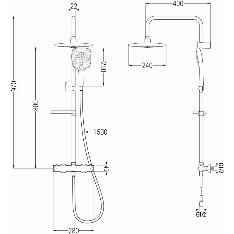 Mexen KX17 Aufputz-Duschsystem mit Regenbrause und Thermostatarmatur, schwarz - 771501791-70