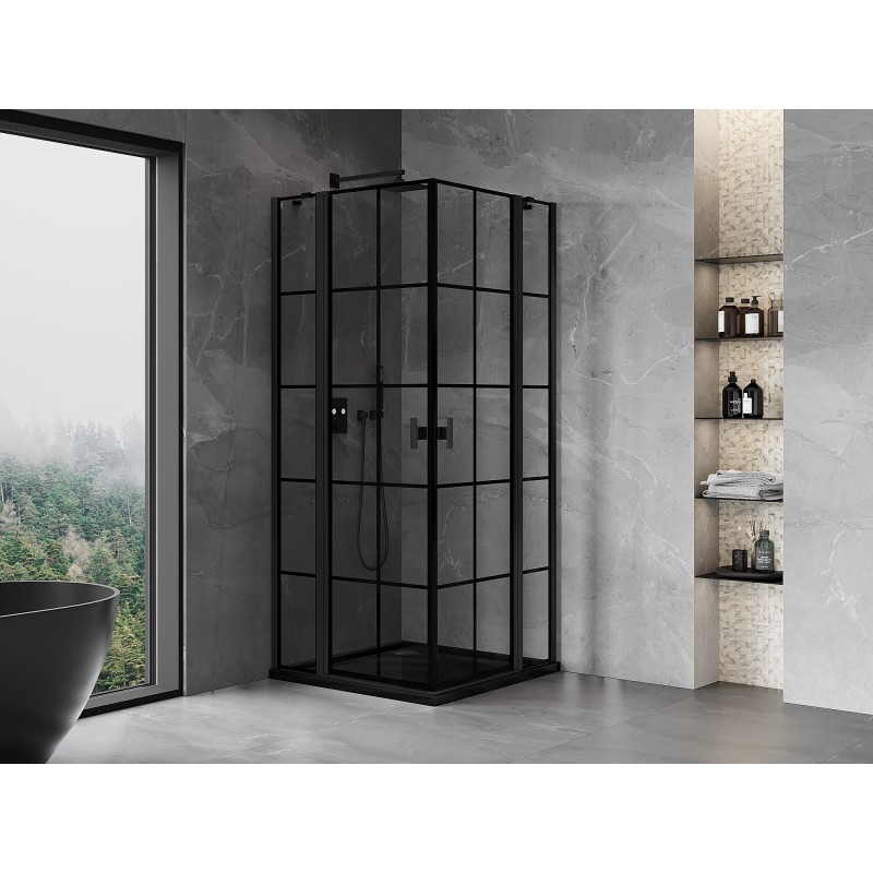 Mexen Mist Duo Duschkabine schwenkbar 95 x 95 cm, schwarzes Gitter, schwarz - 8A4-095L-095P-70-77
