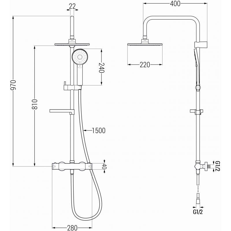 Mexen KX40 Aufputz-Duschset mit Regenbrause und Thermostatarmatur, Chrom - 771504091-00