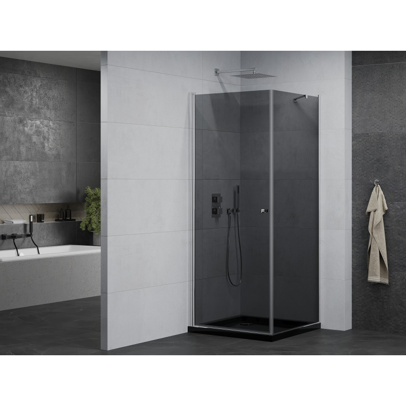 Mexen Pretoria Duschkabine schwenkbar 100 x 100 cm, Grafit, Chrom + Duschwanne Flat, Schwarz - 852-100-100-01-40-4070
