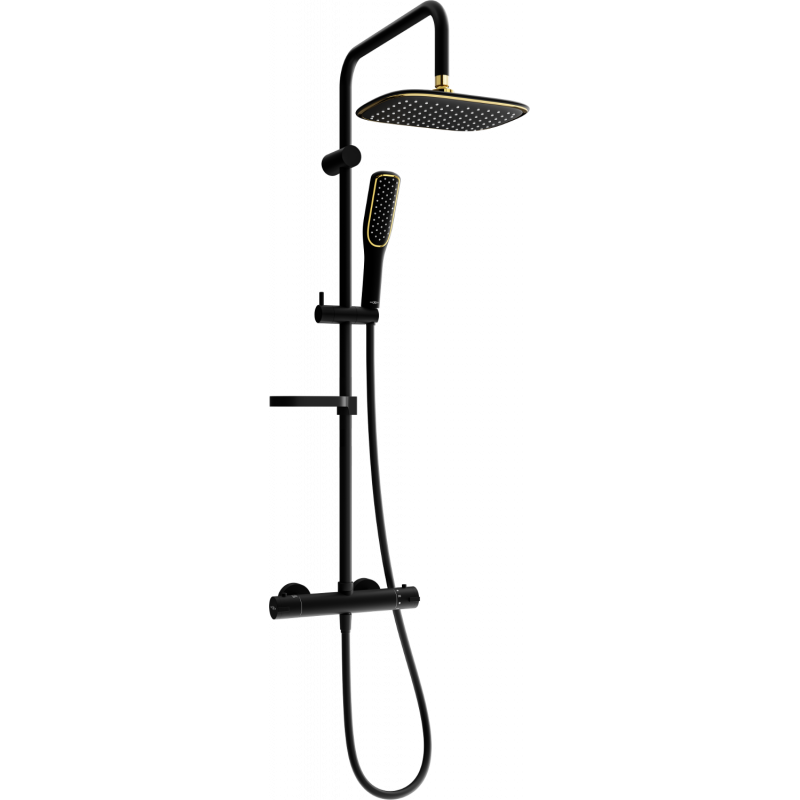 Mexen KX49 Außenliegendes Duschset mit Regenduschkopf und Thermostatarmatur, Schwarz/Gold - 771504991-75