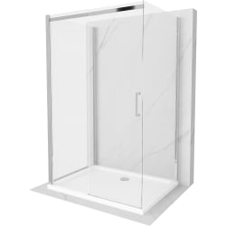 Mexen Omega Duschabtrennung, 3-wändig, einziehbar 130 x 90 cm, transparent, chrom + Duschwanne Flat - 825-130-090-01-00-3s-4010