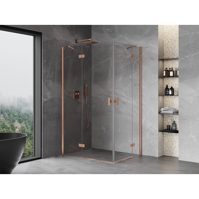 Mexen Mist-H Duo Duschkabine, schwenkbar, links, 100 x 80 cm, transparent, gebürstetes Kupfer - 8A5-100L-080P-65-00