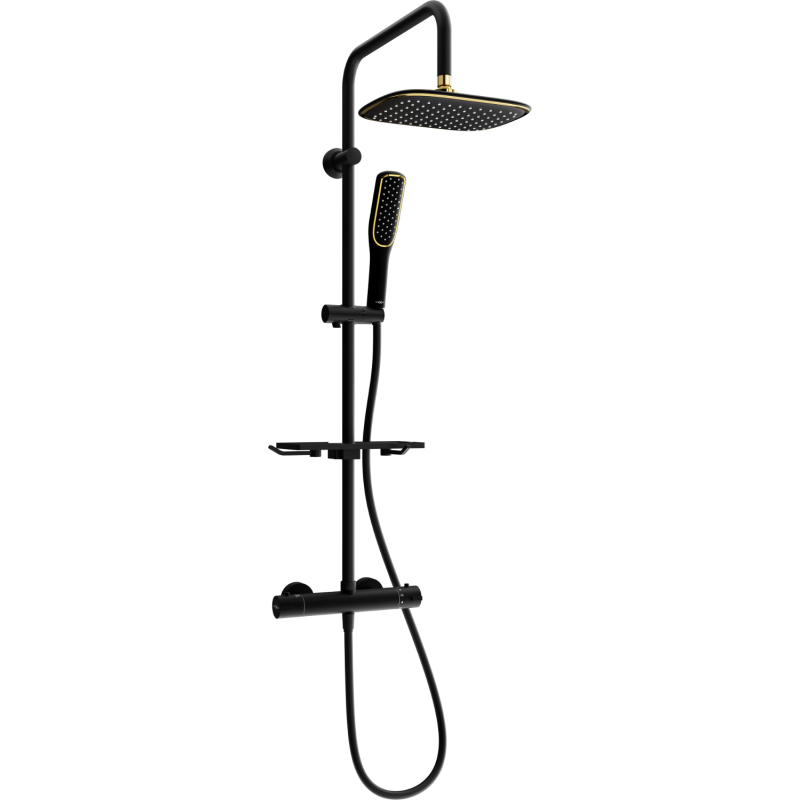 Mexen KT49 Aufputz-Duschset mit Regendusche und Thermostatarmatur, schwarz/gold - 771504993-75
