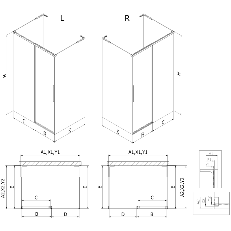 Mexen Rox-3S L 3-seitige Duschkabine, links verschiebbar, 140 x 85 cm, schwarzer Rahmen, schwarz - 8C2L-140-085-70-70-3S-L
