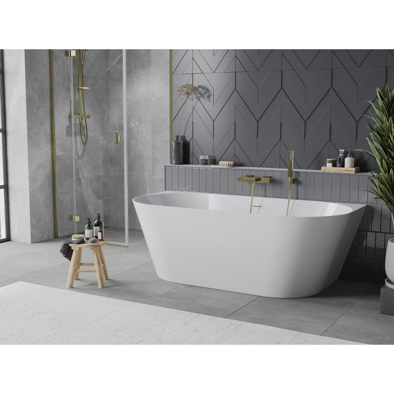 Mexen Oval Slim freistehende wandnahe Badewanne 170 x 80 cm, weiß, Überlauf gebürstet gold - 52661708000-55