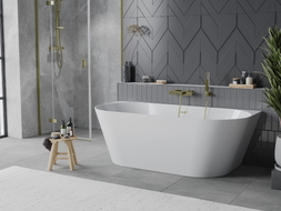 Mexen Oval Slim freistehende wandnahe Badewanne 170 x 80 cm, weiß, Überlauf gebürstet gold - 52661708000-55