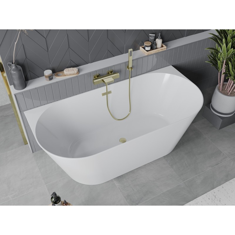 Mexen Oval Slim freistehende wandnahe Badewanne 170 x 80 cm, weiß, Überlauf gebürstet gold - 52661708000-55