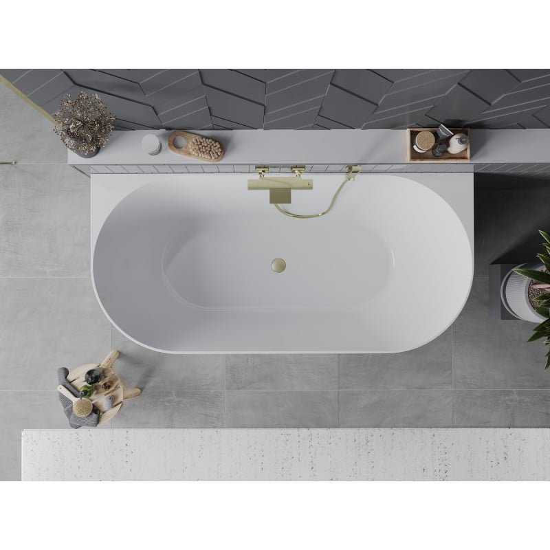 Mexen Oval Slim freistehende wandnahe Badewanne 170 x 80 cm, weiß, Überlauf gebürstet gold - 52661708000-55