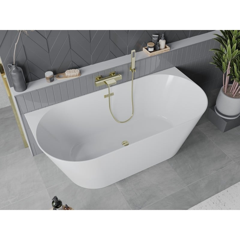 Mexen Oval Slim freistehende halbanliegende Badewanne 170 x 80 cm, weiß, Überlauf gold - 52661708000-50