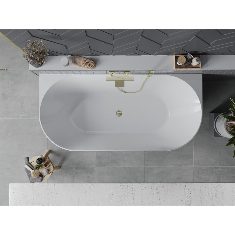 Mexen Oval Slim freistehende halbanliegende Badewanne 170 x 80 cm, weiß, Überlauf gold - 52661708000-50