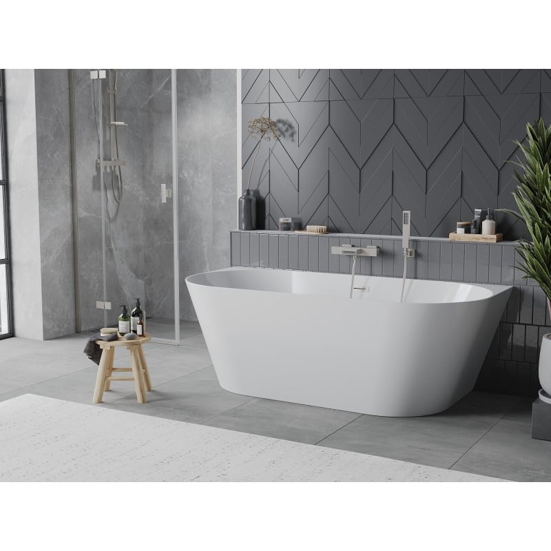 Mexen Oval Slim freistehende wandnahe Badewanne 170 x 80 cm, weiß, Überlauf gebürstetes Nickel - 52661708000-97
