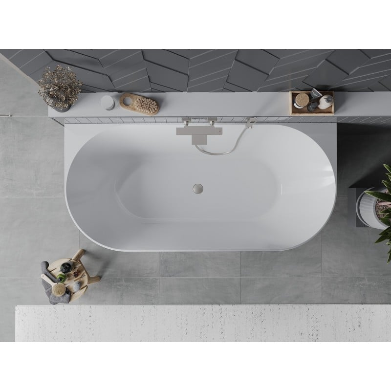 Mexen Oval Slim freistehende wandnahe Badewanne 170 x 80 cm, weiß, Überlauf gebürstetes Nickel - 52661708000-97