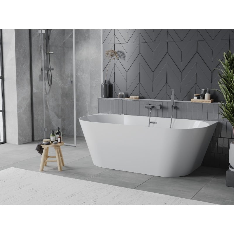 Mexen Oval Slim freistehende Eckbadewanne 170 x 80 cm, weiß, Überlauf gun gray gebürstet - 52661708000-66