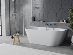 Mexen Oval Slim freistehende Eckbadewanne 170 x 80 cm, weiß, Überlauf gun gray gebürstet - 52661708000-66