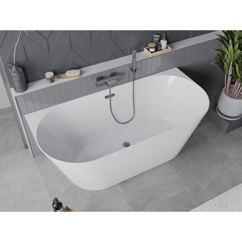 Mexen Oval Slim freistehende Eckbadewanne 170 x 80 cm, weiß, Überlauf gun gray gebürstet - 52661708000-66