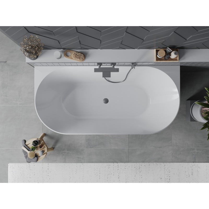 Mexen Oval Slim freistehende Eckbadewanne 170 x 80 cm, weiß, Überlauf gun gray gebürstet - 52661708000-66