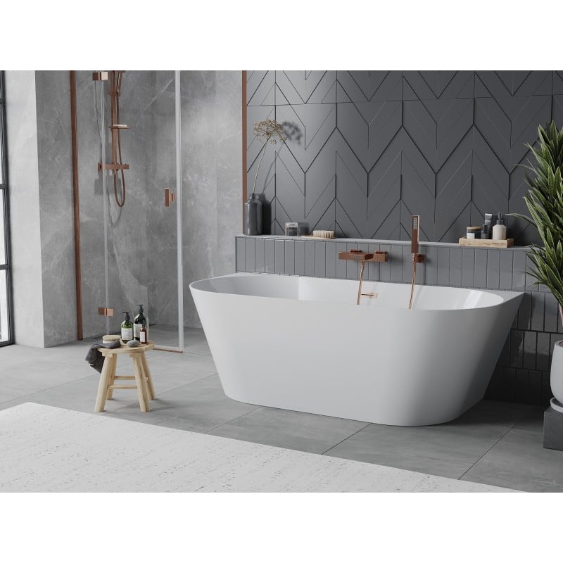Mexen Oval Slim freistehende wandnahe Badewanne 170 x 80 cm, weiß, Überlauf gebürstetes Kupfer - 52661708000-65