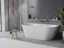 Mexen Oval Slim freistehende, an der Wand montierte Badewanne 170 x 80 cm, weiß, Überlauf in gebürstetem Kupfer