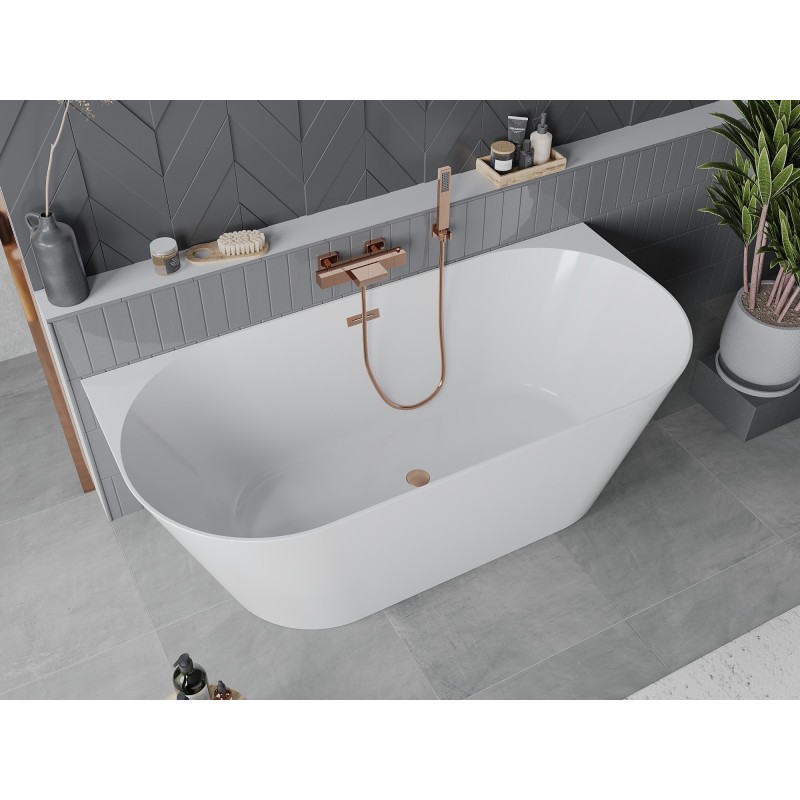 Mexen Oval Slim freistehende wandnahe Badewanne 170 x 80 cm, weiß, Überlauf gebürstetes Kupfer - 52661708000-65