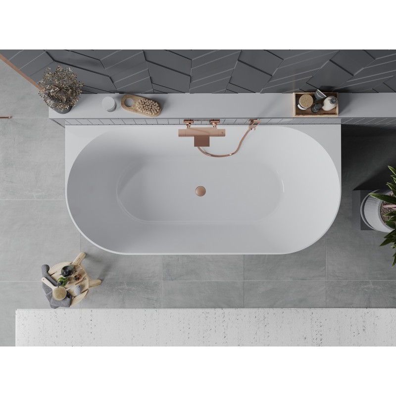 Mexen Oval Slim freistehende wandnahe Badewanne 170 x 80 cm, weiß, Überlauf gebürstetes Kupfer - 52661708000-65