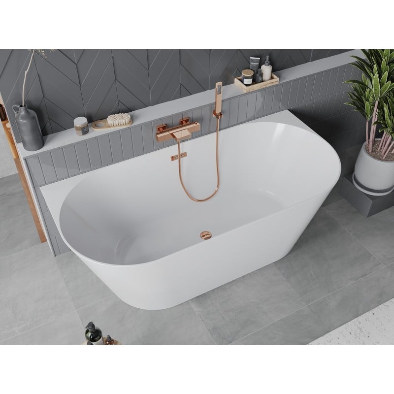 Mexen Oval Slim freistehende, wandnahe Badewanne 170 x 80 cm, weiß, Überlauf Roségold - 52661708000-60