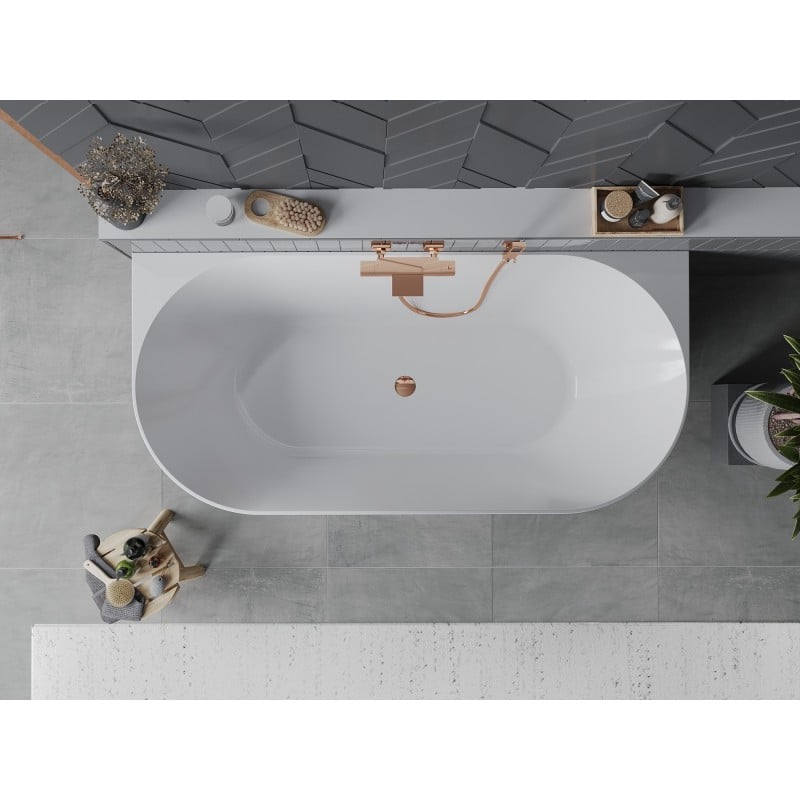 Mexen Oval Slim freistehende, wandnahe Badewanne 170 x 80 cm, weiß, Überlauf Roségold - 52661708000-60
