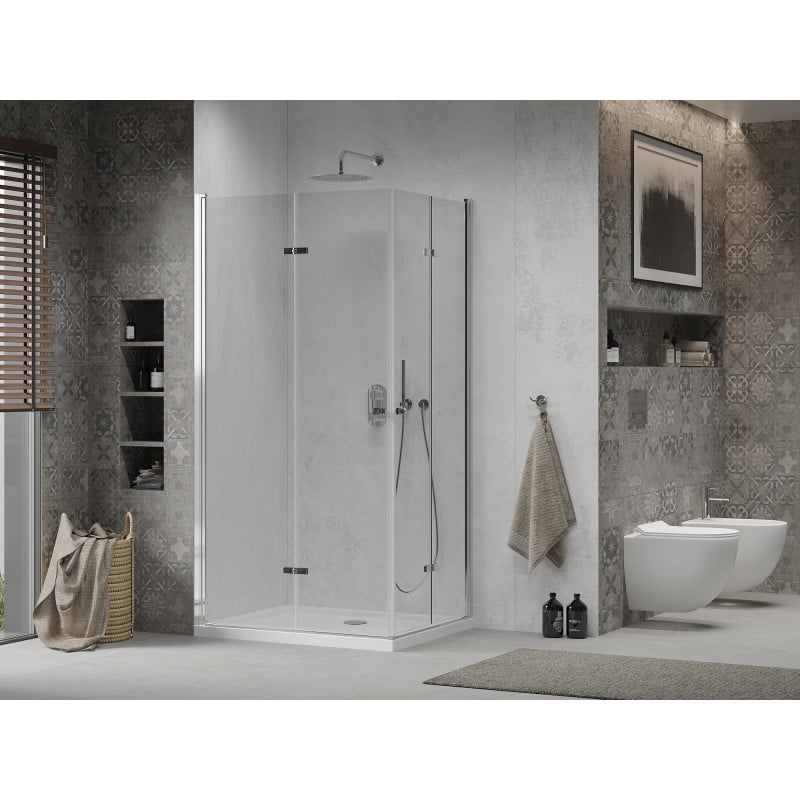 Mexen Lima Duo Faltbare Duschkabine 80 x 70 cm, transparent, Chrom + Duschwanne Flat - 856-080-070-01-02-4010