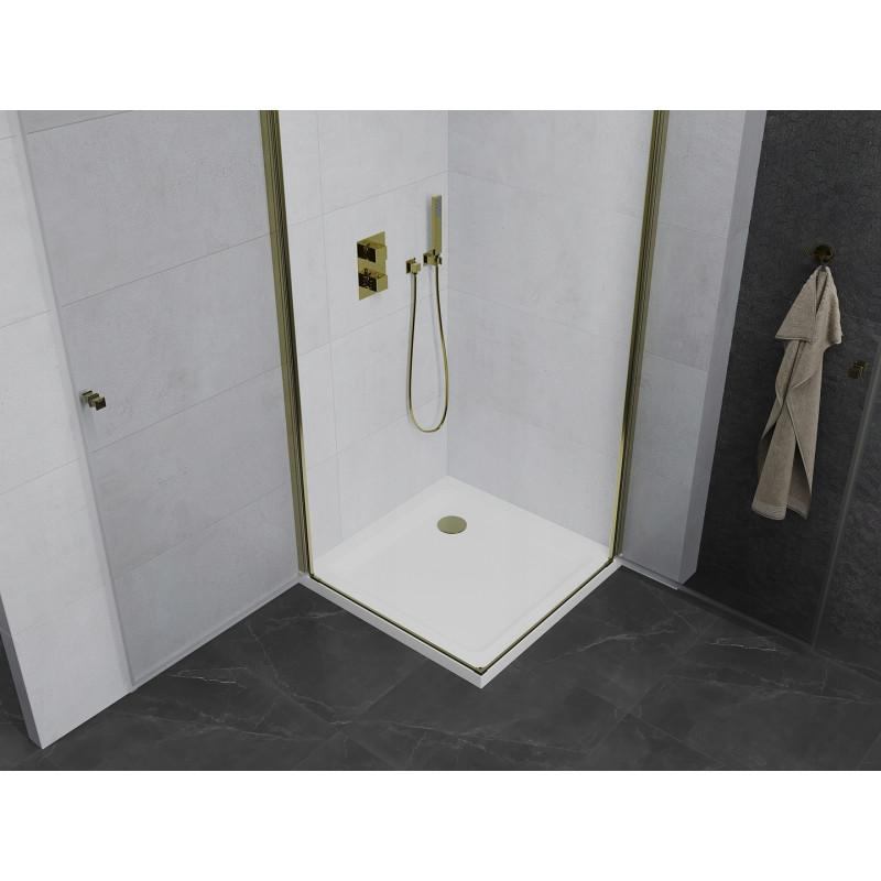 Mexen Pretoria Duo-Pendelduschkabine 70 x 70 cm, transparent, Gold + Flat-Duschwanne - 852-070-070-50-02-4010G