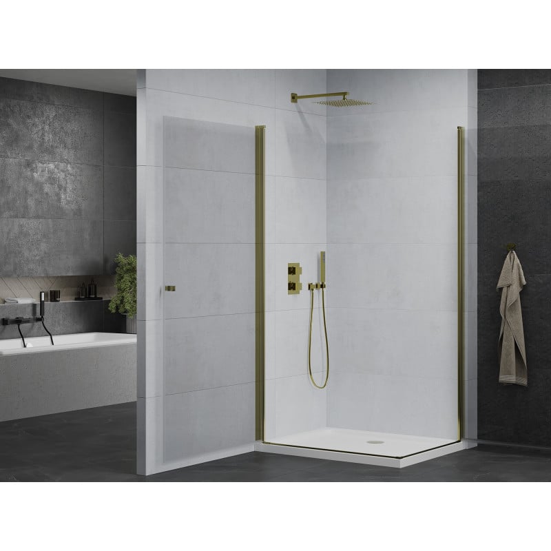 Mexen Pretoria Duo Duschkabine schwenkbar 90 x 80 cm, transparent, gold + Flat Duschwanne - 852-090-080-50-02-4010G