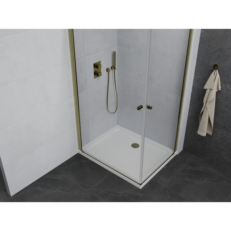 Mexen Pretoria Duo Duschkabine schwenkbar 90 x 80 cm, transparent, gold + Flat Duschwanne - 852-090-080-50-02-4010G
