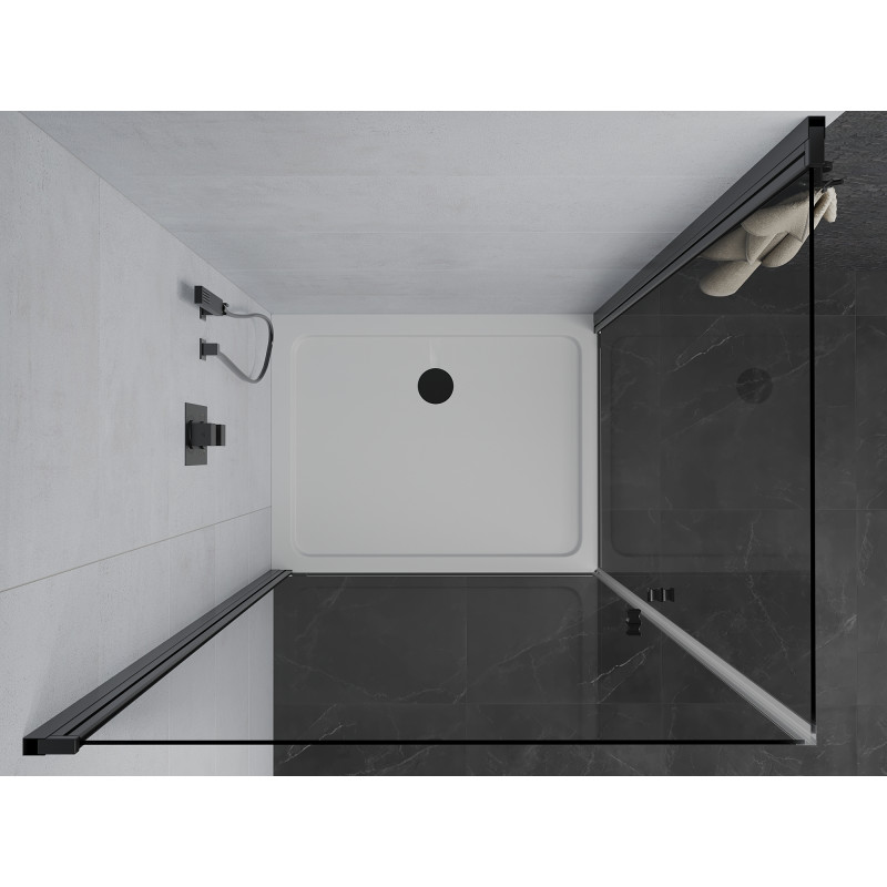 Mexen Pretoria Duo Duschkabine, schwenkbar, 90 x 80 cm, transparent, schwarz + Duschwanne Flat - 852-090-080-70-02-4010B