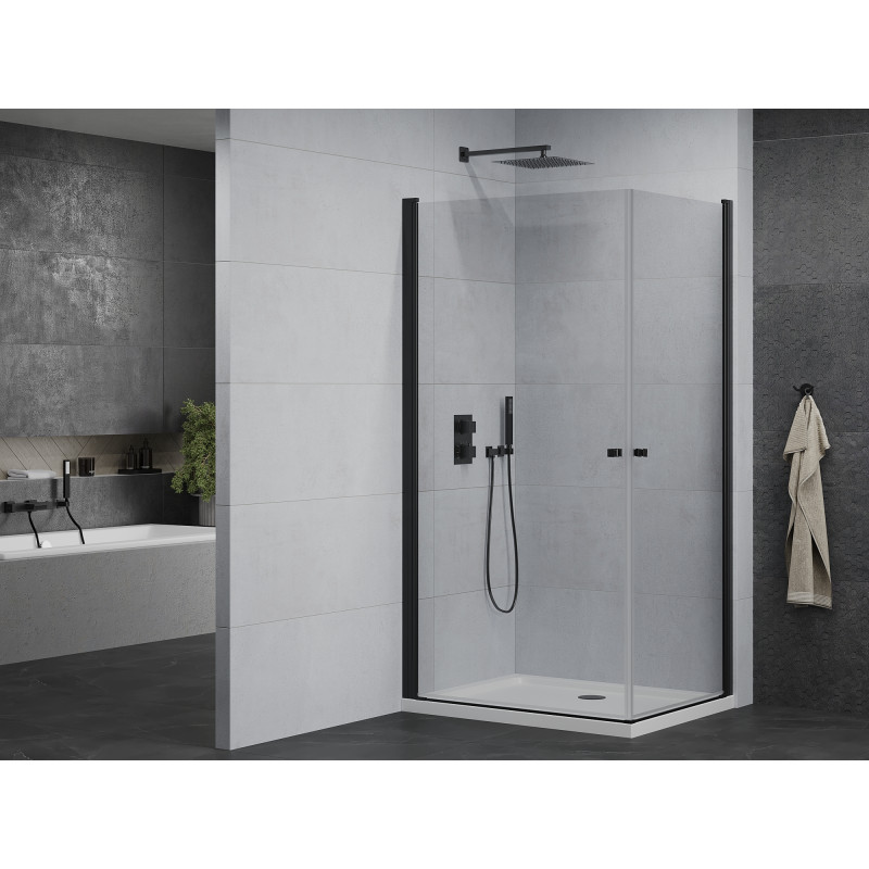 Mexen Pretoria Duo Duschkabine, schwenkbar, 90 x 80 cm, transparent, schwarz + Duschwanne Flat - 852-090-080-70-02-4010B