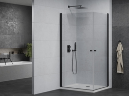 Mexen Pretoria Duo Duschkabine, schwenkbar, 90 x 80 cm, transparent, schwarz + Duschwanne Flat - 852-090-080-70-02-4010B