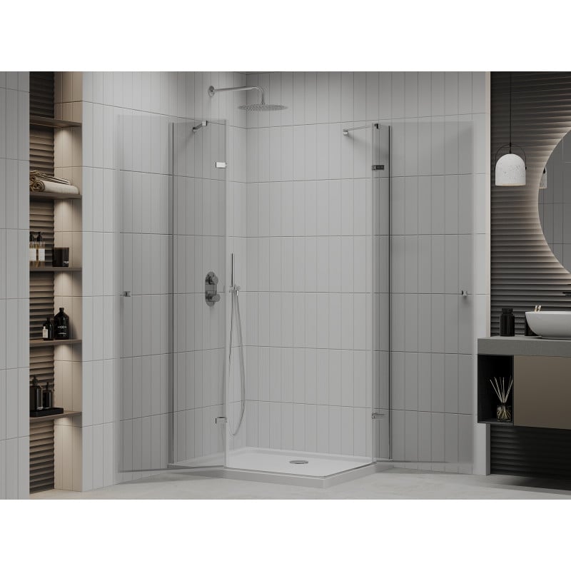 Mexen Roma Duo Duschkabine, schwenkbar 100 x 90 cm, transparent, Chrom + Duschwanne Flat - 854-100-090-01-02-4010
