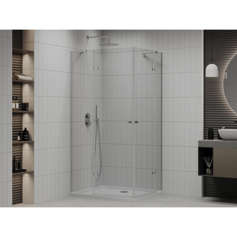 Mexen Roma Duo Duschkabine, schwenkbar 100 x 90 cm, transparent, Chrom + Duschwanne Flat - 854-100-090-01-02-4010