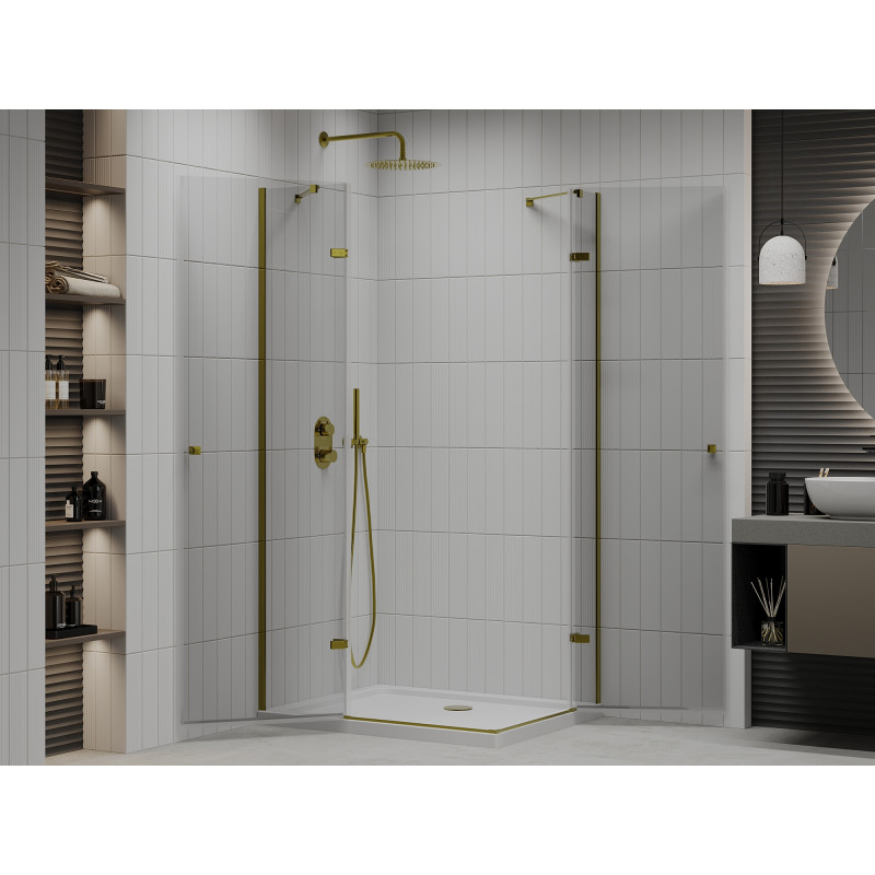 Mexen Roma Duo Duschkabine mit Drehtür 80 x 70 cm, transparent, gold + Flache Duschwanne - 854-080-070-50-02-4010G