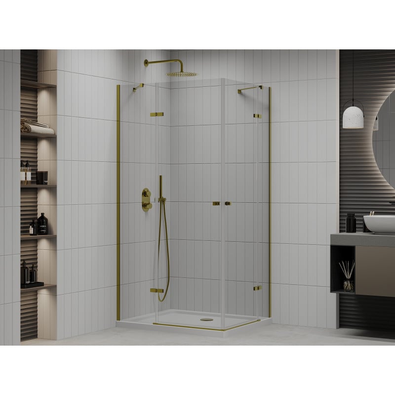Mexen Roma Duo Duschkabine mit Drehtür 80 x 70 cm, transparent, gold + Flache Duschwanne - 854-080-070-50-02-4010G