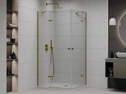 Mexen Roma Duo Duschkabine mit Drehtür 80 x 70 cm, transparent, gold + Flache Duschwanne - 854-080-070-50-02-4010G