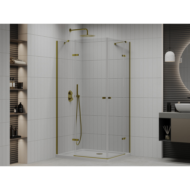 Mexen Roma Duo Duschkabine, schwenkbar, 100 x 90 cm, transparent, Gold + Flat Duschwanne - 854-100-090-50-02-4010G