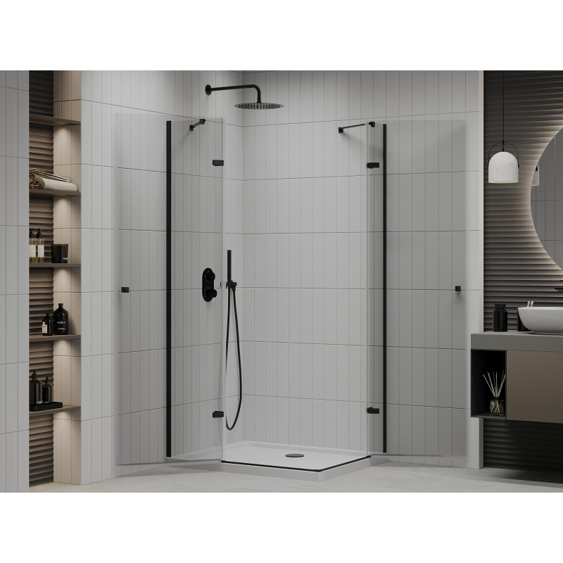 Mexen Roma Duo Duschkabine schwenkbar 80 x 70 cm, transparent, schwarz + Flat Duschwanne - 854-080-070-70-02-4010B