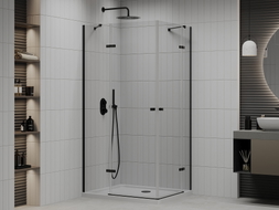 Mexen Roma Duo Duschkabine mit Klapptür 90 x 80 cm, transparent, schwarz + Duschwanne Flat - 854-090-080-70-02-4010B