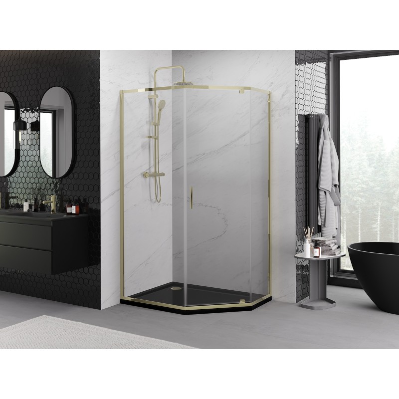 Mexen Exo fünfeckige Duschkabine mit Schwingtür 90 x 80 cm, transparent, gold - 812-090-080-50-00