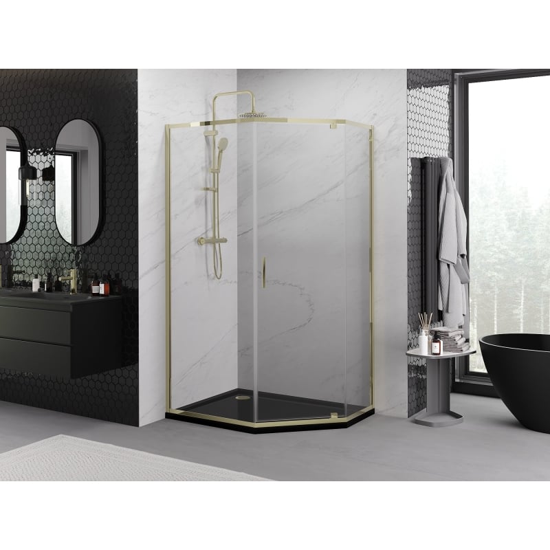Mexen Exo-R fünfeckige Duschkabine mit Schwingtür 100 x 80 cm, transparent, gold - 812-100-080-50-00