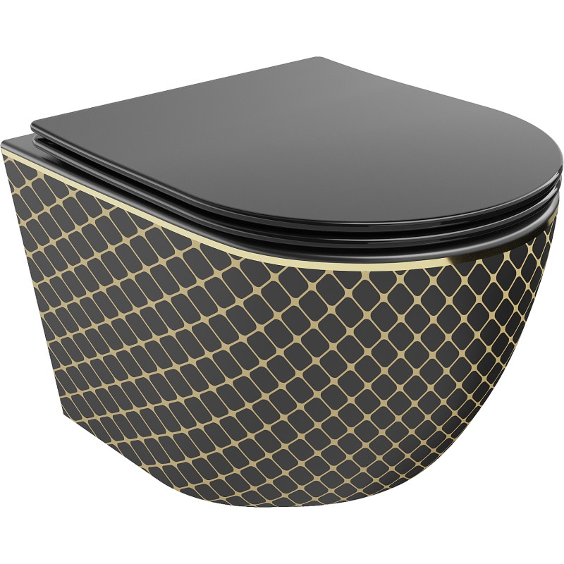 Mexen Lena WC-Schüssel Rimless mit Absenkautomatik Slim, Duroplast, Schwarz Matt/Goldenes Karomuster - 30224079